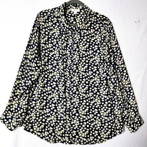 ON+34th Womens Shirt Sz 2X Long Sleeve Button Down Navy White Yellow Floral